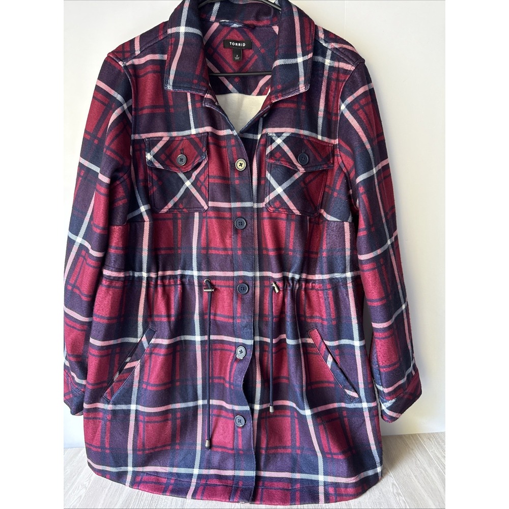 Torrid Plaid Flannel Shacket Button Up Pockets Cinched Waist Berry Size 2